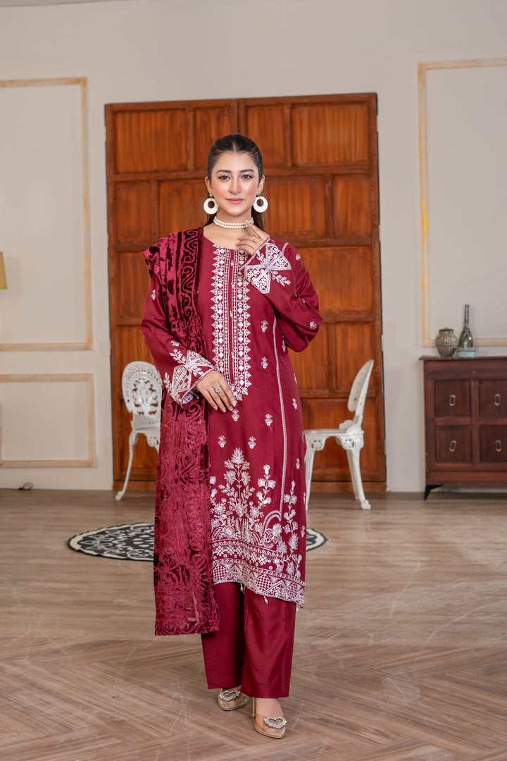 3 Piece Ready To Wear Embroidered Linen Suit With Plachi  Shawl -TT-13-