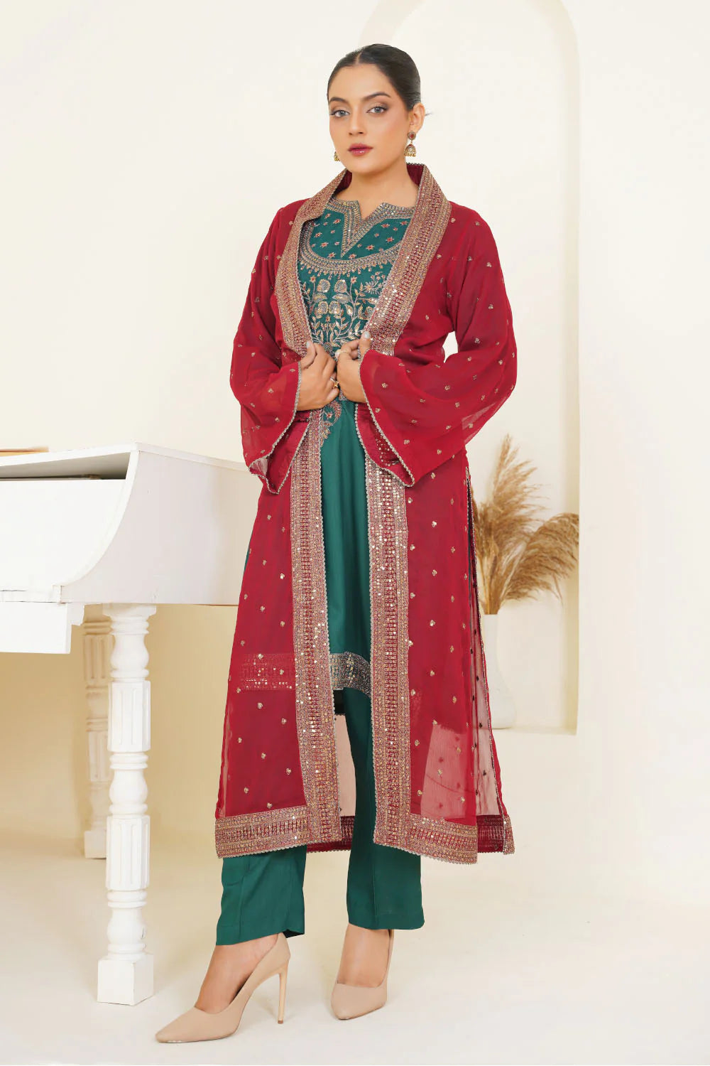 3 Piece heavily seqiun embroidered viscose Suit With Chiffon Gown -MA11