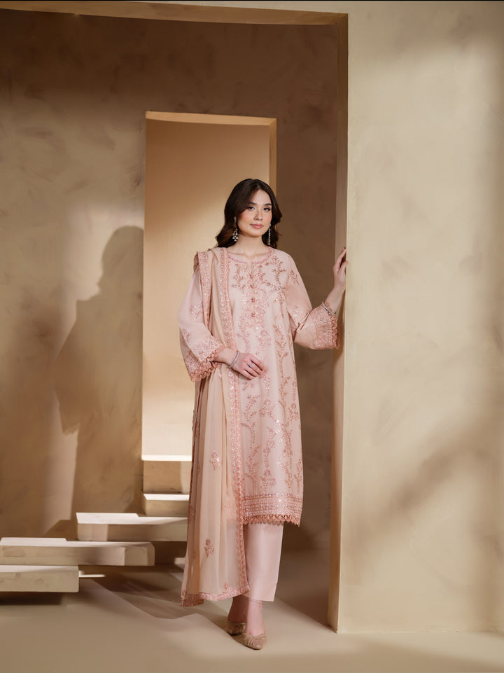 New Branded 3 PC Ready To Wear  Viscose Fully Embroidered Suit- HE147-