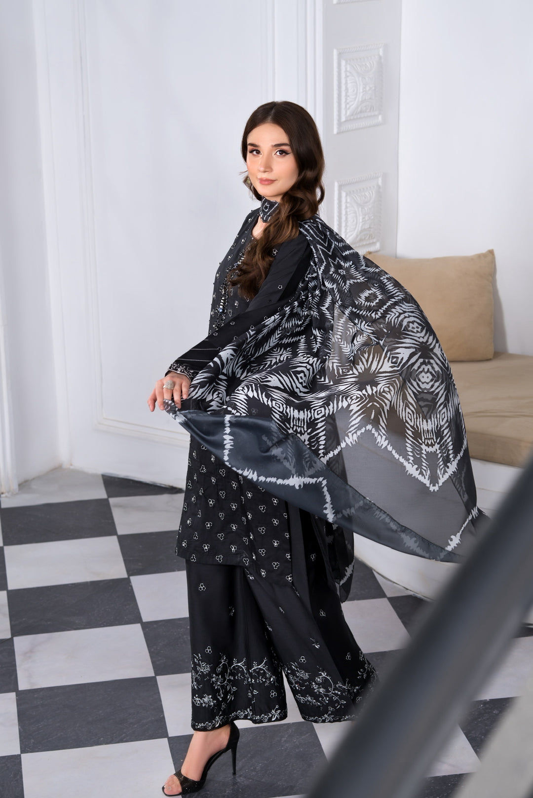 New Branded 3 PC Ready To Wear  Viscose Embroidered Suit- HE146-