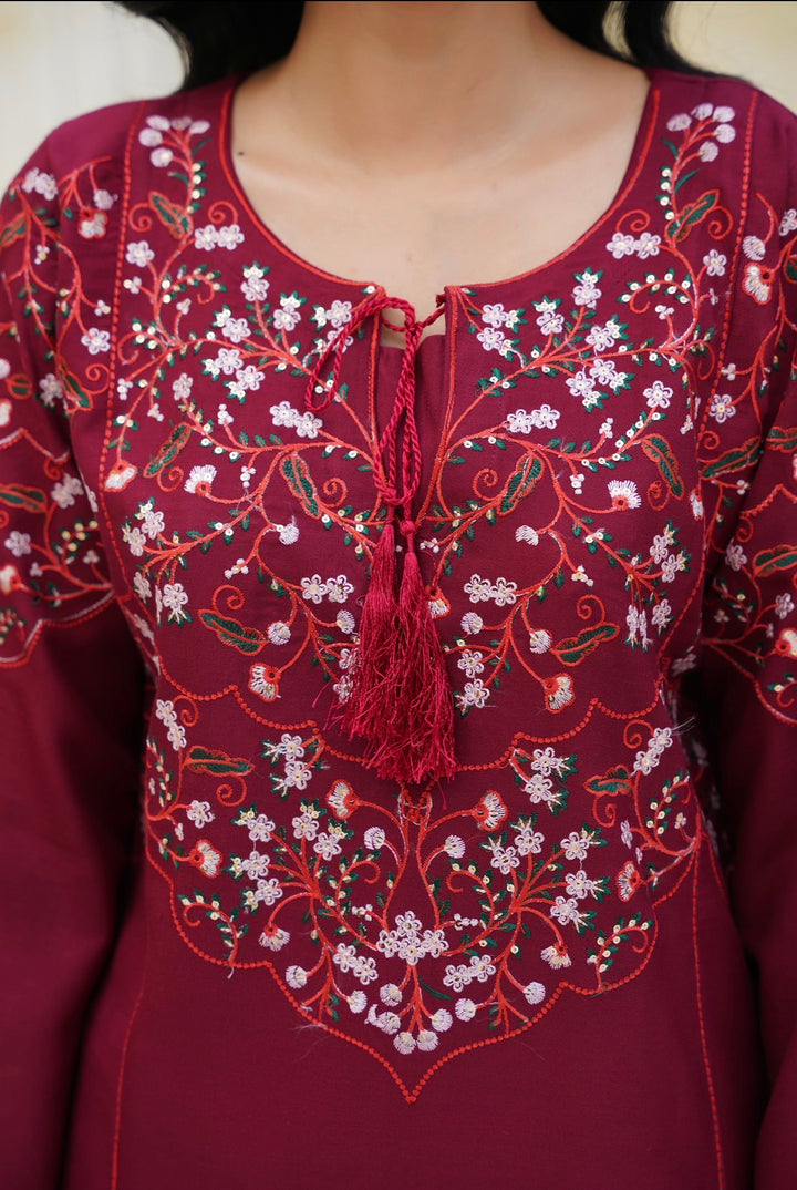 New 3 PC Ready To Wear Dhanak  Embroidered Suit Maroon- -AN-11-
