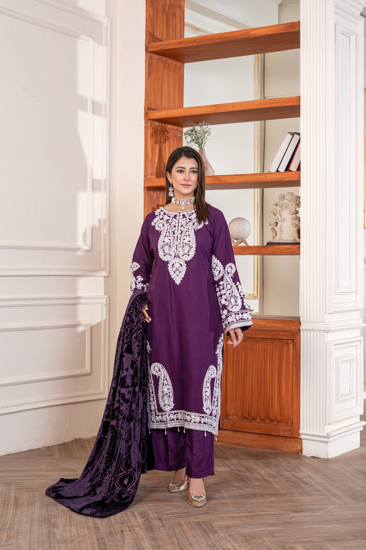 3 Piece Ready To Wear Linen Embroidered Suits With Valvet Shawl -TT-31-