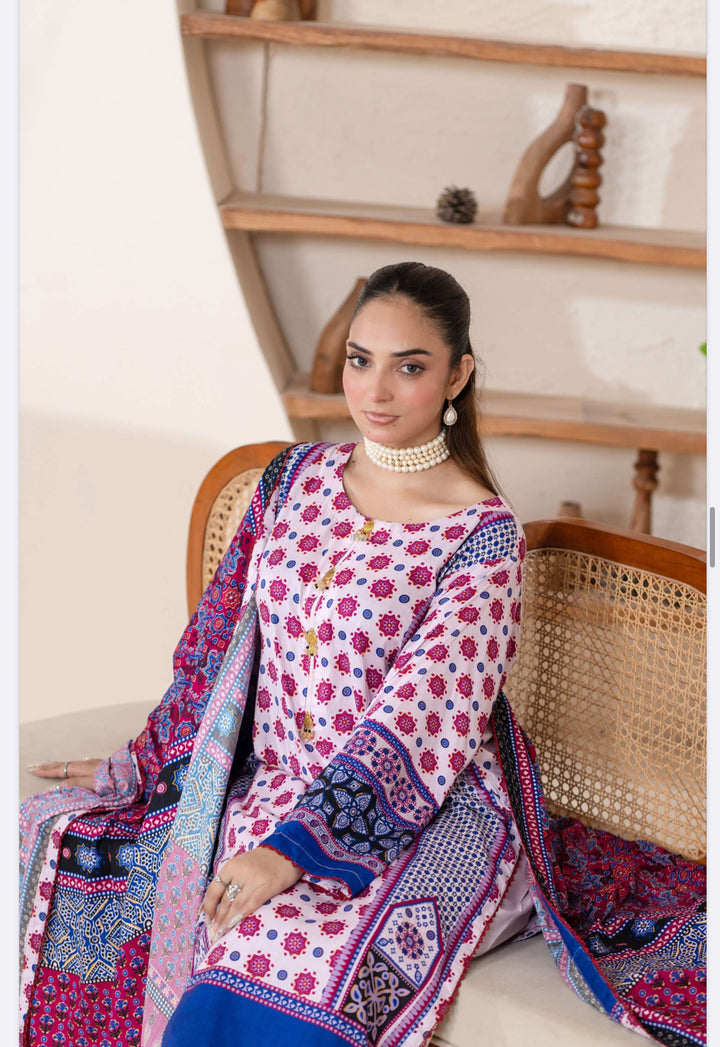 3 Piece Ready To Wear - Printed Linen Suit-- TT-103-