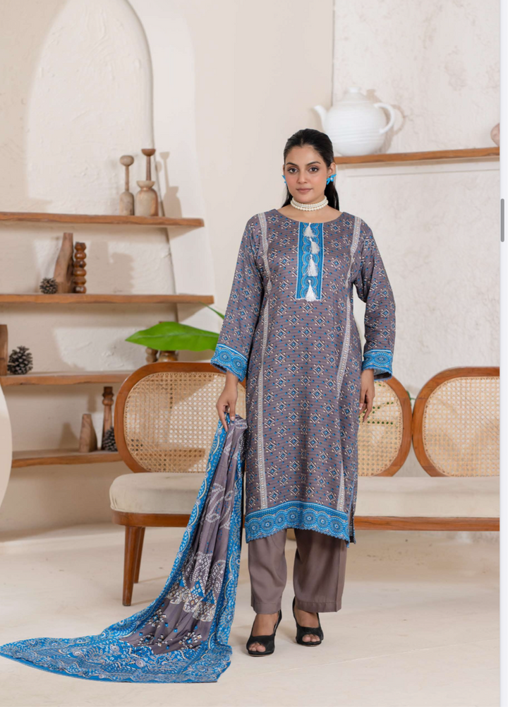3 Piece Ready To Wear - Printed Linen Suit-- TT-102